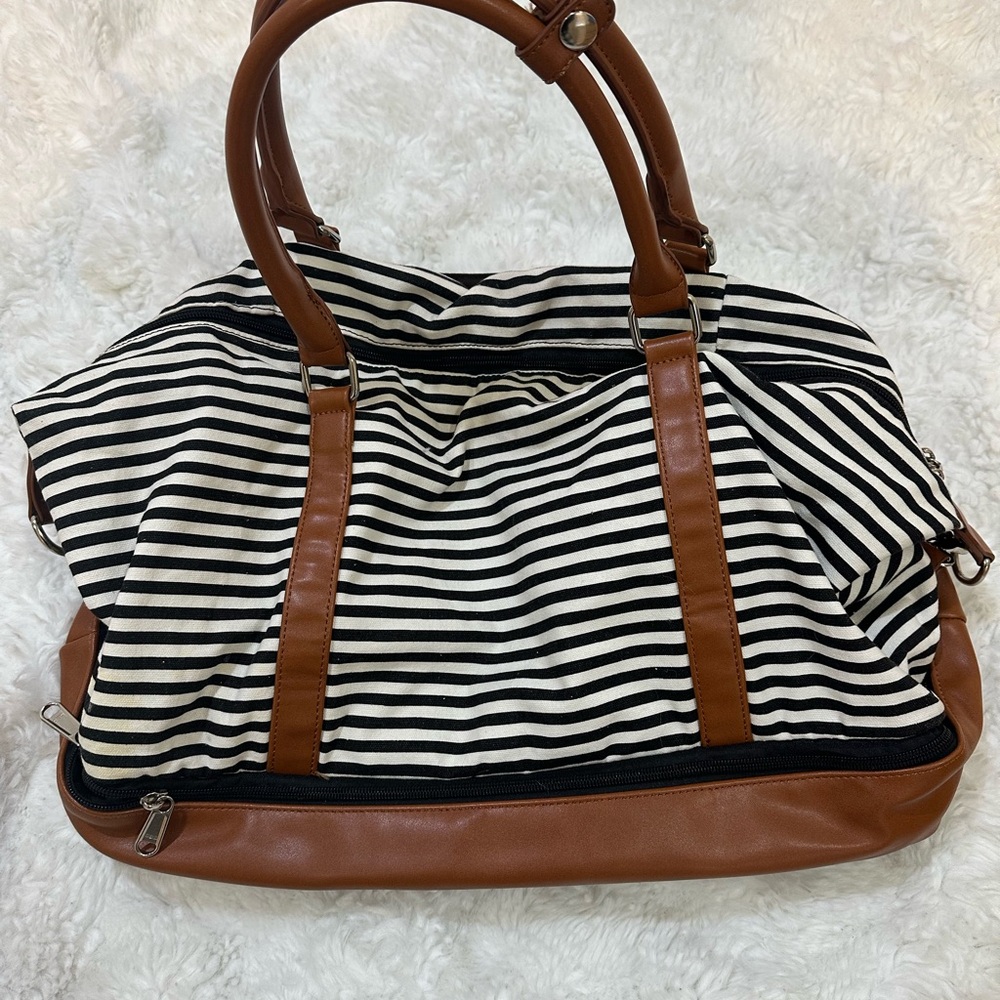 Chic Striped Tote with Brown Handles